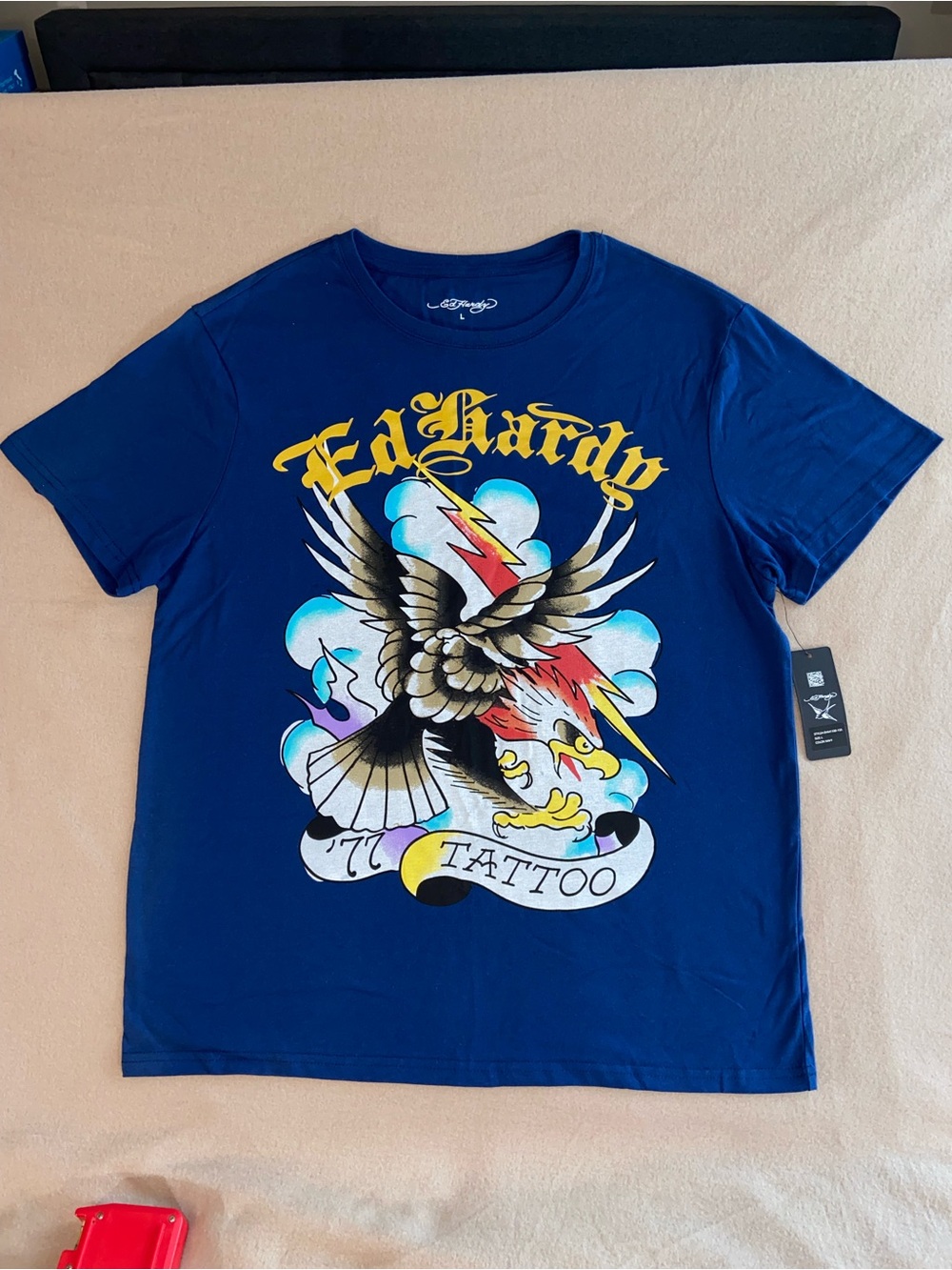 Ed Hardy Blue Short-Sleeve Tattoo Eagle Tee with Yellow Logo - Large